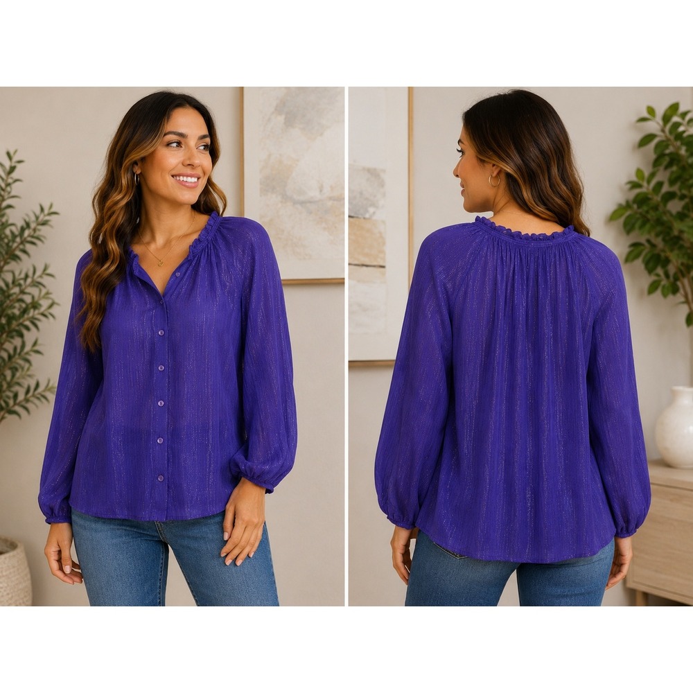 BCBGMAXAZRIA Purple Metallic Silk Blend Sheer Button Blouse‎ Women S Romantic